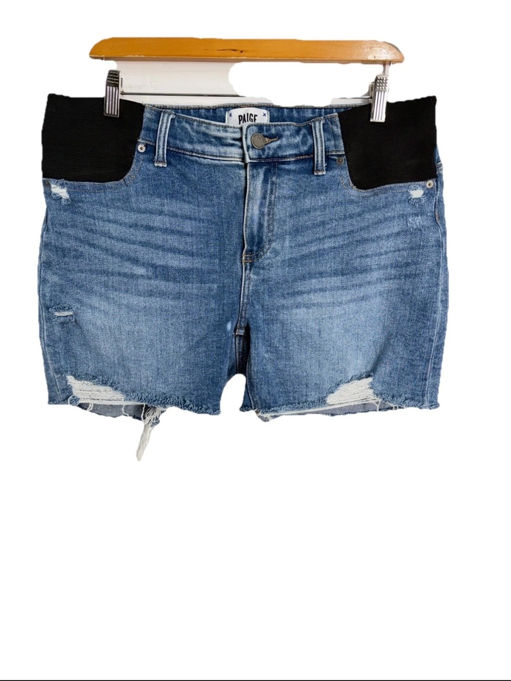 Paige Maternity Denim Shorts Sarah Longline Haddie Destructed Distressed Size 32